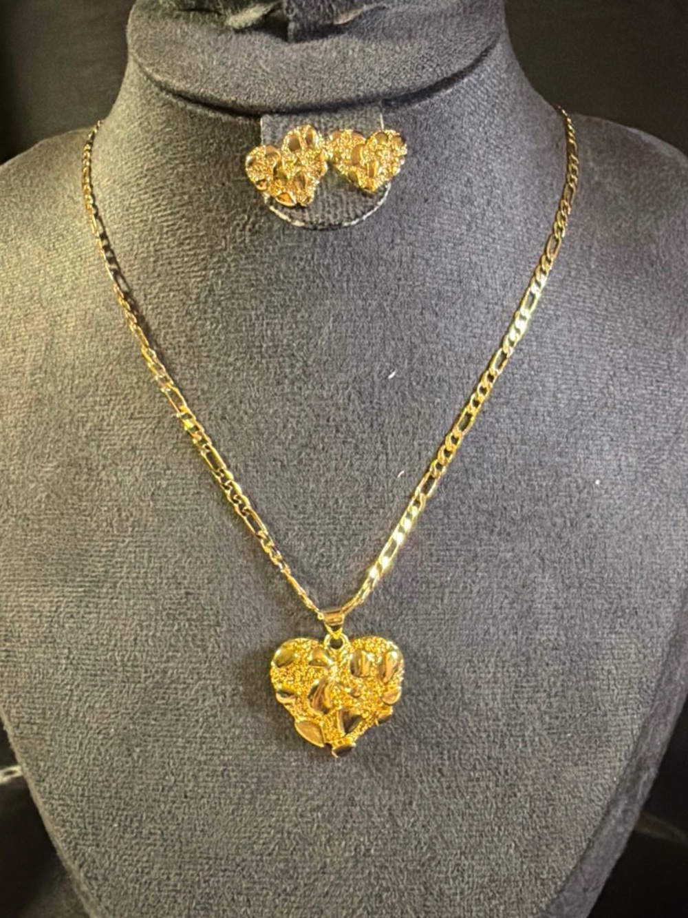 Gold Floral Heart Pendant Necklace with Matching Earrings
